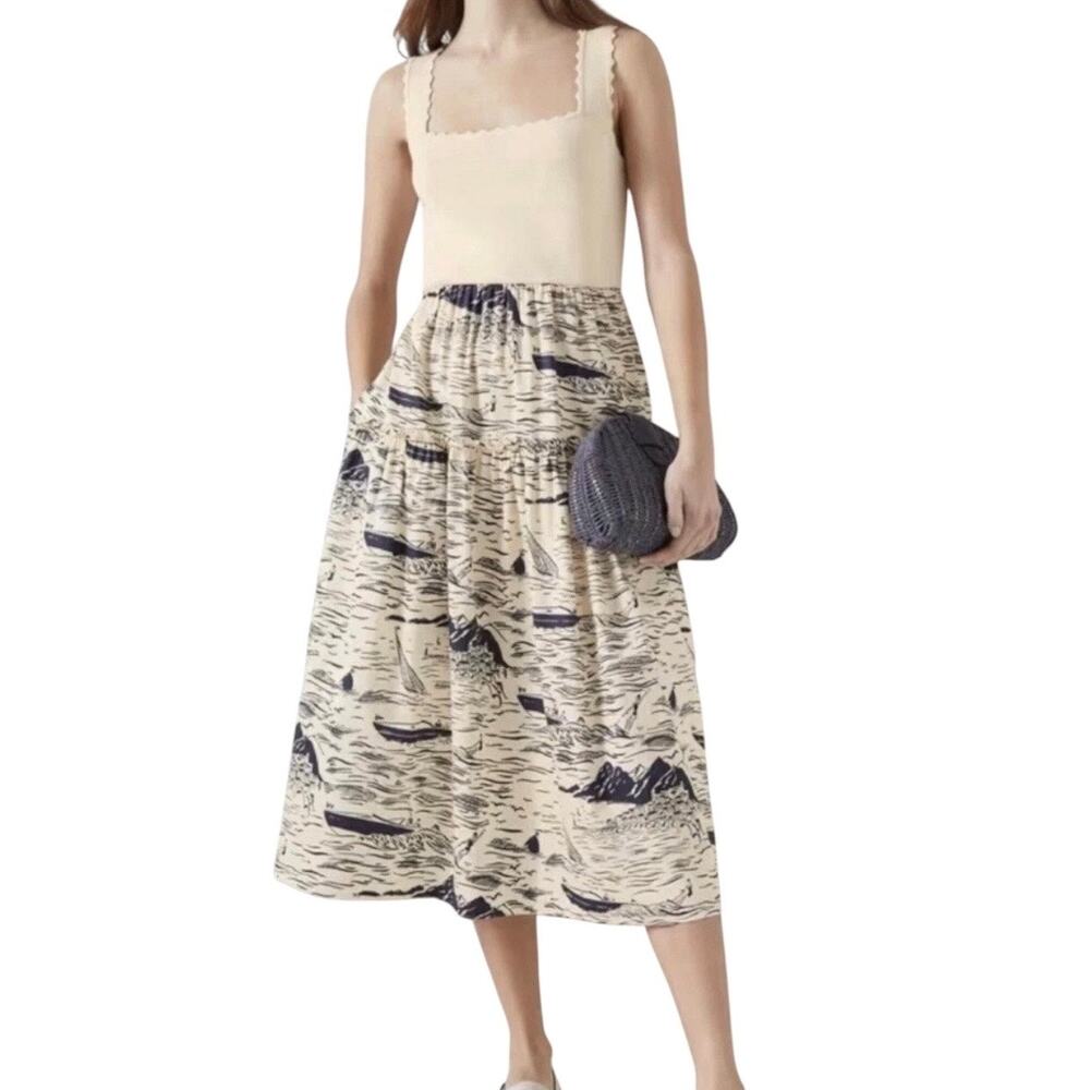 LK Bennett Crosby Riviara Midi Dress Size 12 Cream Blue Nautical Coastal Resort